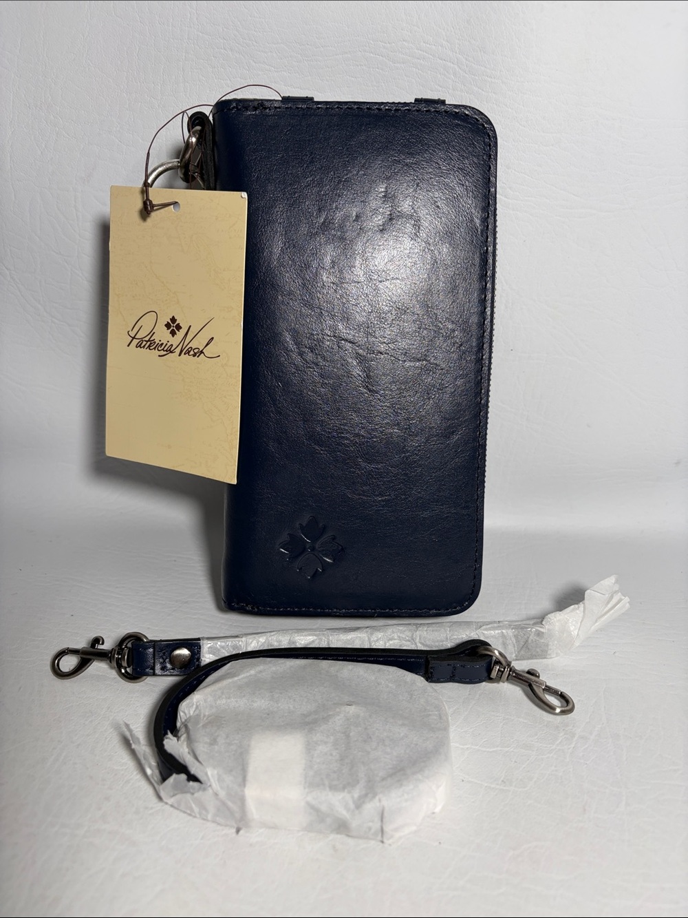 Patricia Nash NEW Amalia Leather Phone Crossbody w/ Charm & Wristlet Denim Blue